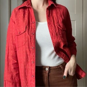 1970s Red 3/4 Sleeve Button Down